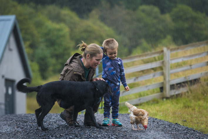 Fiona and Jamie MacLennan with Stanly dog and rescue hen